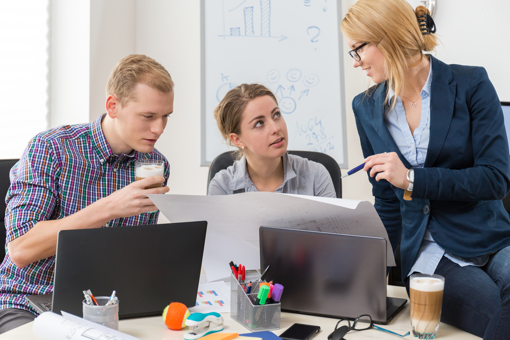 Office workers talking about guidelines to project